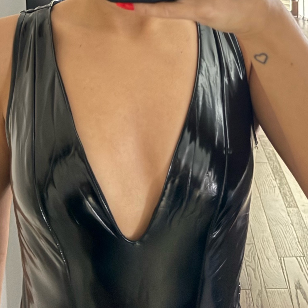 Oh Polly Black Faux Leather V-Neck body suit